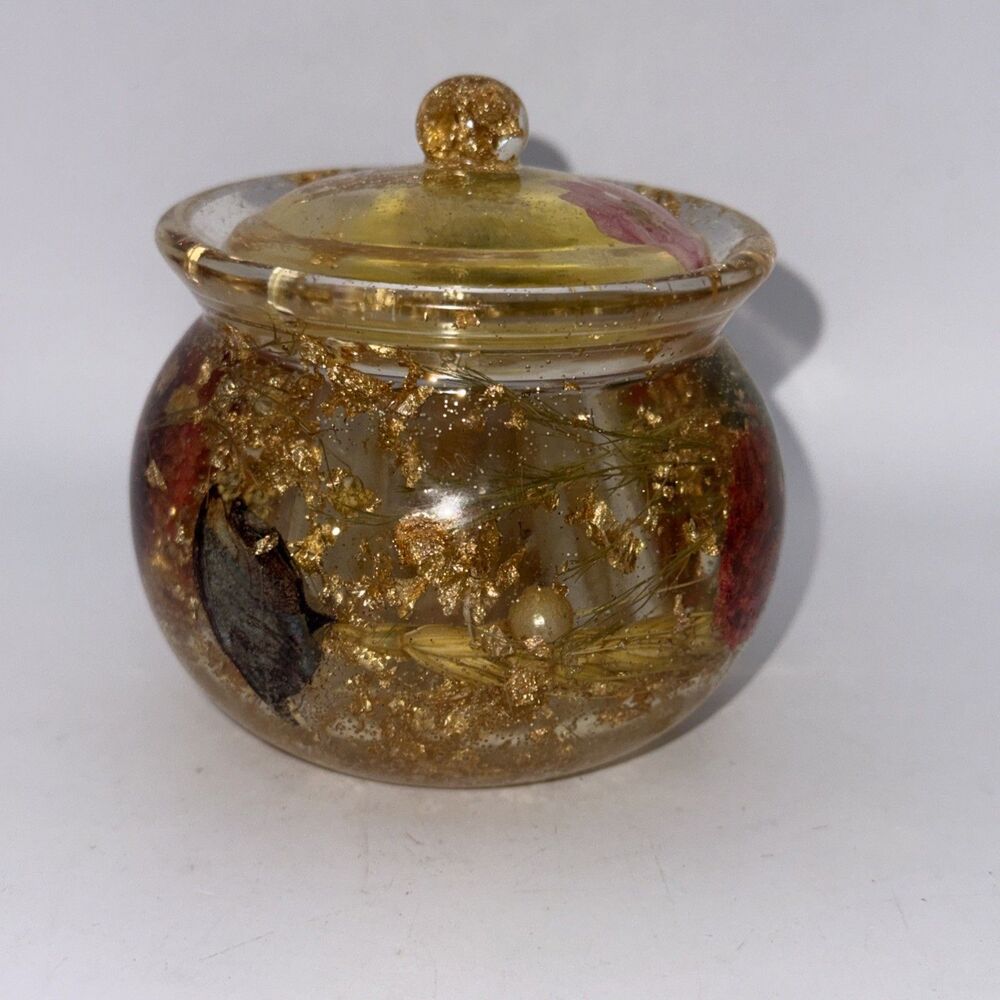 Embedded Dried Flower & Gold Flakes Lucite Unique Jar. Vintage 80's